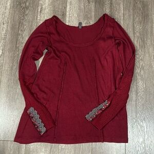 Free people maroon/red scoop neck long sleeve with grey floral embelished cuffs
